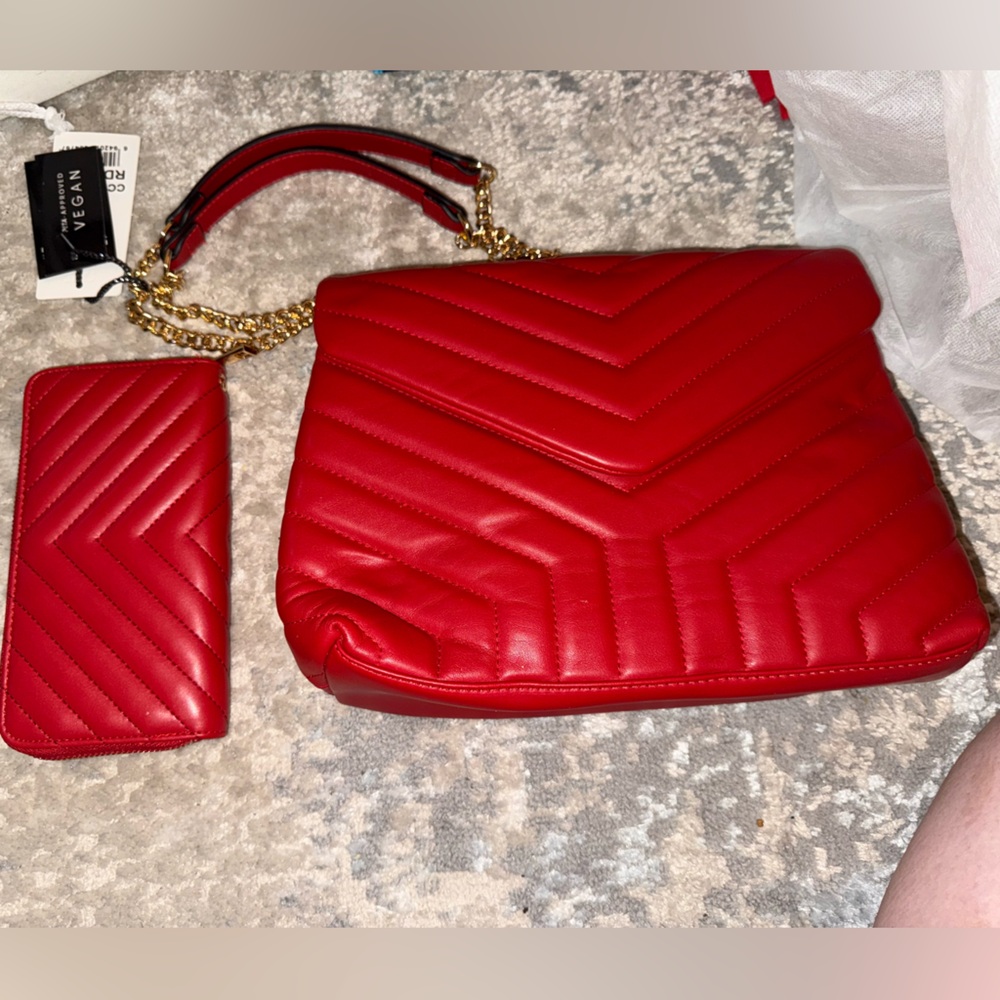 Elegant Red Quilted Crossbody Bag and Wallet Set